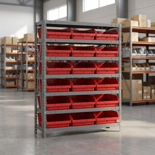 Quantum Storage Systems 1239-109RD Steel Shelving Unit with 4" Shelf Bins, 12" D x 36" W x 39" H, Red - size: 39" H x 36" W x 12" D, style: 12" L x 12" W x 4" H 18 Economy Red Bins