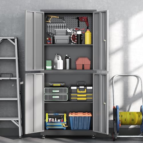 71" H Metal Tool Storage Cabinet with Lock and Wheels, Heavy Duty Garage Cabinet with 4 Doors and 2 Adjustable Shelves, Tool Organizer with Pegboard for Garage, Warehouse (Black&Gray, 71" H) - color: Black&gray, size: 71"H(4-Door)