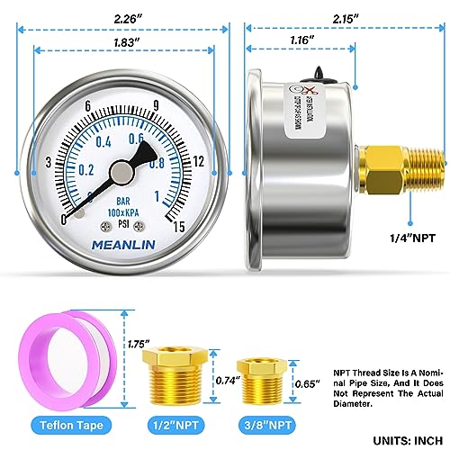 MEANLIN MEASURE 0~15Psi Dry Low Pressure Gauge Stainless Steel 1/4" NPT 2" FACE DIAL Waterproof for Water Oil Air Well Pump Tank Tire Pressure Test Back Mount, with 1/2" NPT and 3/8" NPT Hex Bushing - size: 0-15Psi
