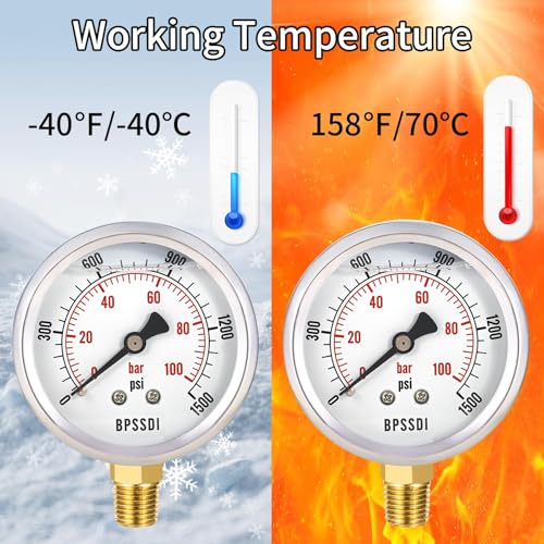 0-1500 Psi Glycerin Liquid Filled Hydraulic Pressure Gauge, 2.5" Dial Size, 1/4" NPT Lower Mount, 304 Stainless Steel Case, for Water Oil Air Gas Pressure Test - size: 0-1500 psi, style: Lower Mount