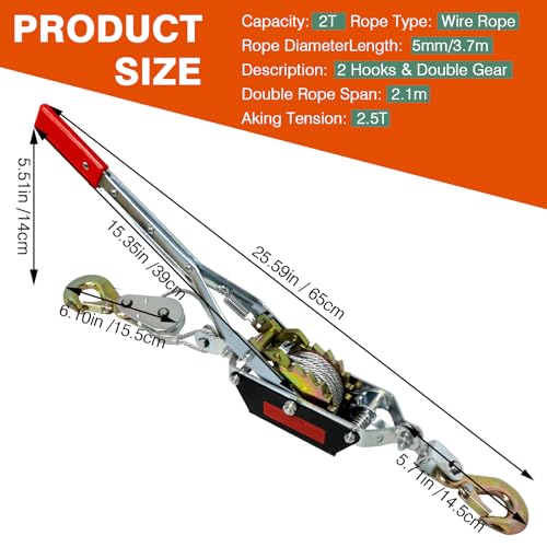 4410lbs Come Along Winch,2T Pulling Capacity,12ft Steel Cable - size: 2 Ton