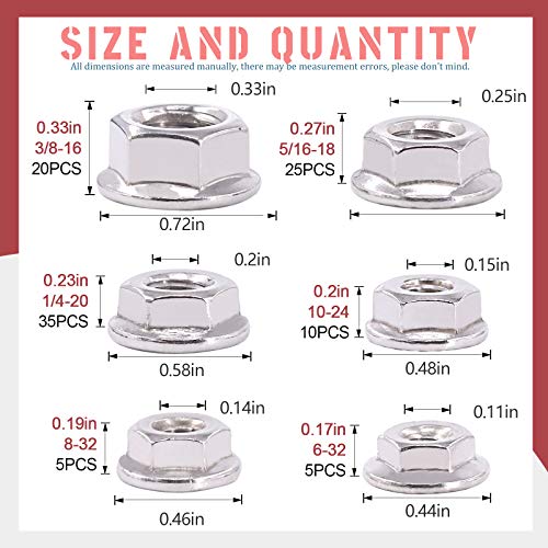Hilitchi 100Pcs 304 Stainless Steel Serrated Flange SAE Hex Lock Nuts 1/4-20 5/16-18 3/8-16 10-24 8-32 6-32 Bright Finish Hex Flange Nuts Assortment Kit - size: 100Pcs SAE Hex Flange Nuts