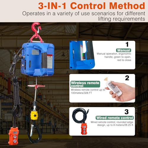 3-in-1 Electric Hoist Winch, 1500lb Capacity Portable Power Winch Crane - color: Blue