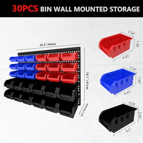 30Pcs Plastic Wall Mounted Storage Bins Parts Rack Nuts And Bolt Bins Organizer For Shop Garage for Screws, Nuts, Bolts, Nails, Beads, and Small Hardware Parts(RED+BLUE+BLACK, 30) - color: Red+Blue+Black, size: 30