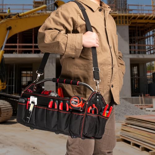 HAUTMEC 18" Foldable Tool Tote, Open Top Tool Bag with Removable Divider & Stiff Frame, 23-Pockets Electrician Tool Bag with Padded Steel Handle, Shoulder Strap & Water-Resistant Hard Base – HT0020 - size: 18-Inch, style: Foldable