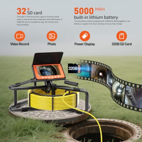 Sewer Camera 100FT, 5'' HD 1080P w/DVR-32GB Pipe Inspection Camera 5000mAh