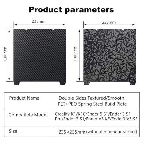 PEO PET 3D Printer K1 K1C Sheet 235x235m,Smooth Build Plate Spring Steel Print Bed (no Magnetic Base) for Creality K1/K1C/Ender 3 V2/Neo/Ender 5 S1/Ender 3 S1 Pro/Ender 3 S1/Ender V3 KE/SE - color: Smooth PEO + Smooth PET