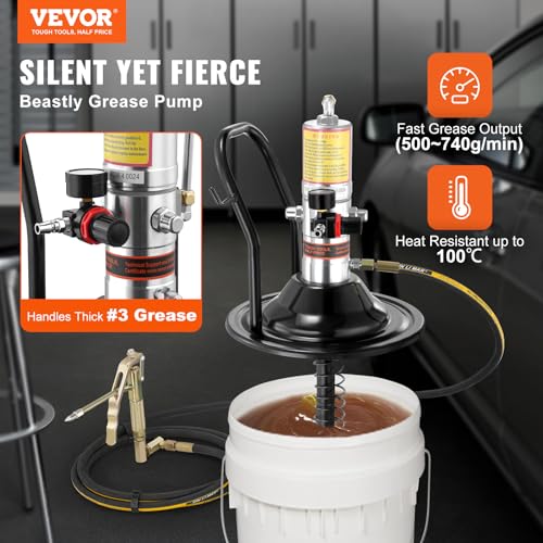 VEVOR Grease Pump, Air Operated Grease Pump with 13 ft High Pressure Hose and Grease Gun, Pneumatic Grease Pump with Barrel Cap, Portable Lubrication Grease Pump 360° Gun Head - style: Pump with Barrel Cap