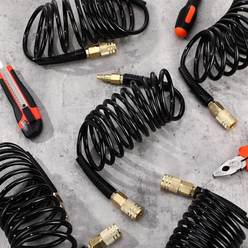 Flutesan 10 Pack 1/4 in x 10 ft Recoil Air Hose with Quick Coupler, Black - color: Black