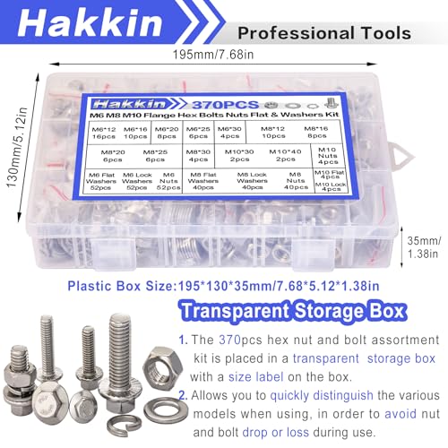 370PCS Metric Flange Bolt Assortment, M6x1.0, M8x1.25, M10x1.5 (12mm to 40mm) Hex Head Bolts and Nuts Assortment, Stainless Steel 304 Flange Bolts Nuts Washers Kit Hakkin, Hex Socket Included - size: L. M6 M8 M10