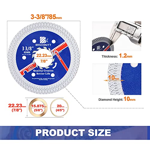 Super Thin Diamond Porcelain Saw Blade with X Teeth,BRSCHNITT 2pcs 3-3/8 Inch (85mm) x Arbor 7/8"-4/5"-5/8" Angle Grinder Diamond Cutting Disc for Dry/Wet Cutting Porcelain Tile Ceramic Marble Granite - size: 85mm(3 3/8")