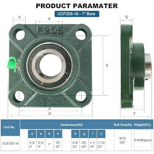 4 Pack UCF205-16 Pillow Block Bearing - Square Flange 4 Bolt Bearing - Bearing Steel with 1 inch Bore - Self Alignment (UCF205-16) - style: UCF205-16