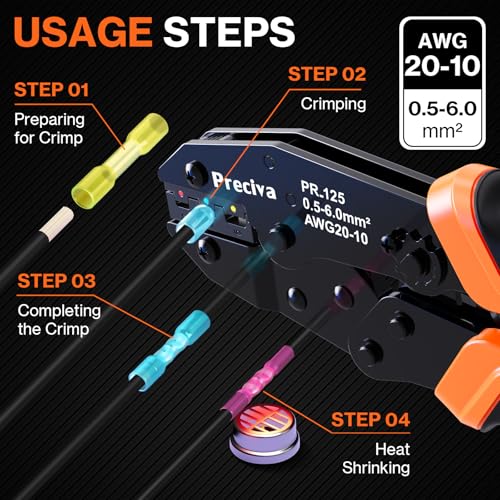 Preciva Wire Crimping Tool for Heat Shrink Connectors Kit, with 200PCS 22-10 AWG Heat Shrink Connectors,Ratcheting Crimper for Electrical, Automotive, Marine & Wiring Repairs
