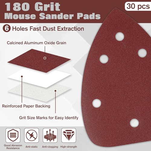 30 Pcs Mouse Sander Sandpaper 180 Grit 6 Hole Mouse Sander Pads Hook and Loop Sanding Disc - style: 180 Grit