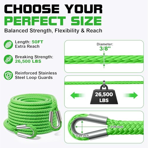 Synthetic Winch Rope Extension - 3/8" x 50ft 27000 lbs Heavy Duty Extension Winch Line Cable Replacement for ATV UTV Off Road Vehicle Jeep Truck - Green - color: Green, size: 3/8 Inch x 50 Feet