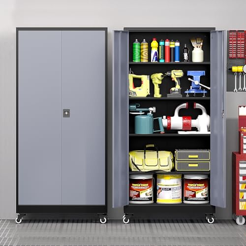 Metal Garage Storage Cabinet with Locking Doors and Adjustable Shelves, Wide & Deep Garage Cabinet on Wheels, 74.5" Rolling Tool Cabinet for Garage, Basement, Home Office - color: Black Grey, size: 74.5"H x 31.5"W x 15.7"D