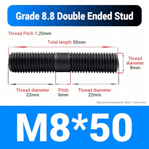 60Pcs M8 x 50mm Double End Threaded Studs Grade 8.8 Carbon Steel - size: M8*50-60PCS