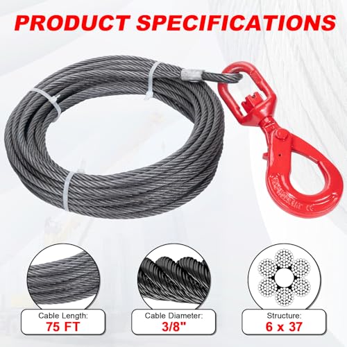 3/8" x 75' Steel Winch Cable with Safety Hook - size: 3/8"x75ft
