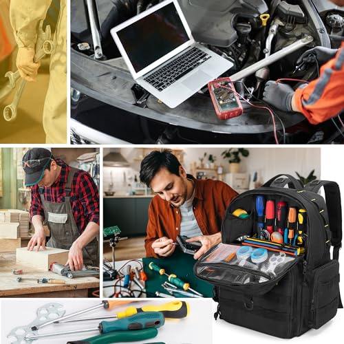 Rexmica Heavy-Duty Tool Bag Backpack for Men with 3 Tool Pouches, Black - color: Black