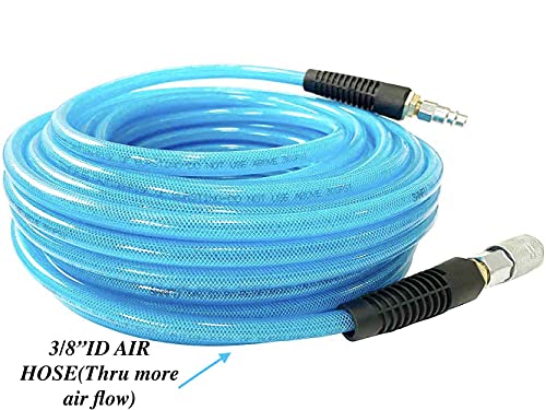 SANFU Polyurethane(PU) Reinforced 3/8”ID x 50ft Air Hose, Non-kinking with 3/8” Repaired Industrial Quick Coupler and Plug, Bend Restrictor, Transparent Blue(50’) - color: Blue, size: 50FT
