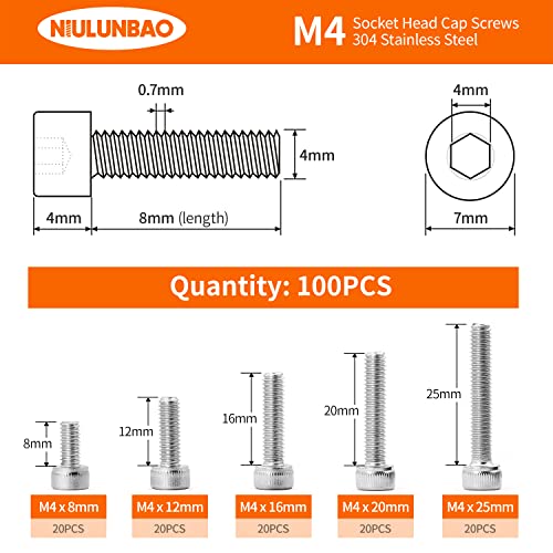 M4 x 8mm 12mm 16mm 20mm 25mm Hex Socket Head Cap Screws Bolts, 304 Stainless Steel, Metric Machine Fully Threaded, Bright Finish, Allen Hex Drive, Assortment Kit 100PCS - size: M4 x 8/12/16/20/25mm (100PCS)