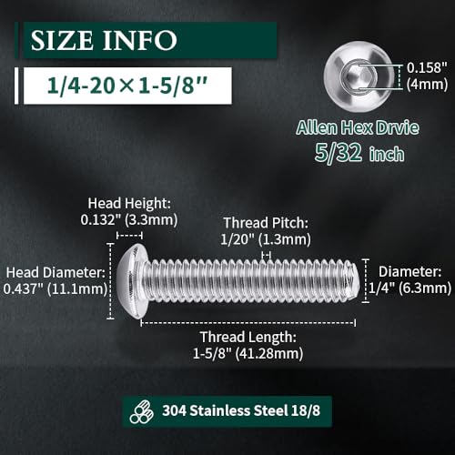 1/4-20 x 1-5/8" Button Head Socket Cap Bolts Screws, 304 Stainless Steel 18-8, Allen Hex Drive, Bright Finish, Fully Machine Thread, Pack of 25 - size: 1/4-20 x 1-5/8