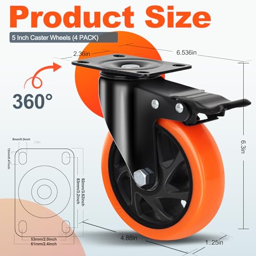 QNCZ 5 Inch Heavy Duty Caster Wheel with Dual Brake,Silent,Orange,Set of 4 - color: Orange, size: 5 IN