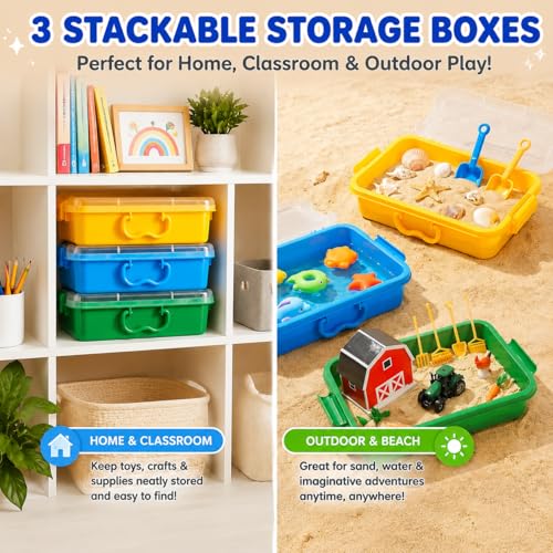 Sensory Bin with Lid for Toddlers 3 Pack 12.8 in, Stackable toy bins - color: Blue& green& yellow