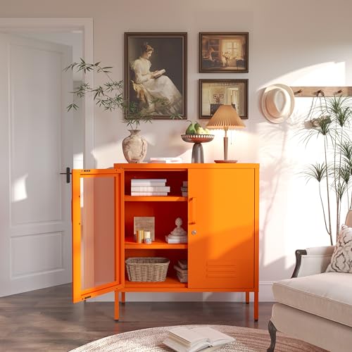 Orange Lockable Mesh & Metal Door Storage Cabinet, 3-Tier Heavy Duty Steel Locker with 2 Adjustable Shelves, Accent Cabinet for Living Room, Home Office, 33" H x 29.5" W x 13.8" D - color: Sunlight, style: Cabinet-33"H-SW