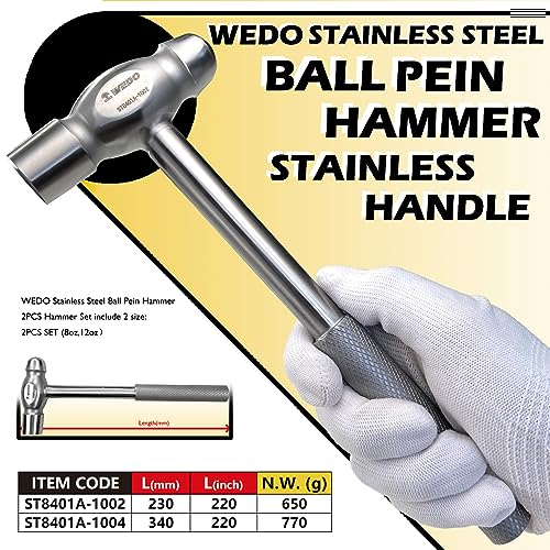 WEDO 2PCS Ball Pein Hammer Set,8oz,12oz,Stainless Steel Ball Pein Hammer Set with Stainless Steel Handle,Rust Proof,Corrosion Resistant Drilling Hammer,Environmental friendly - size: 2PCS SET (8oz,12oz)