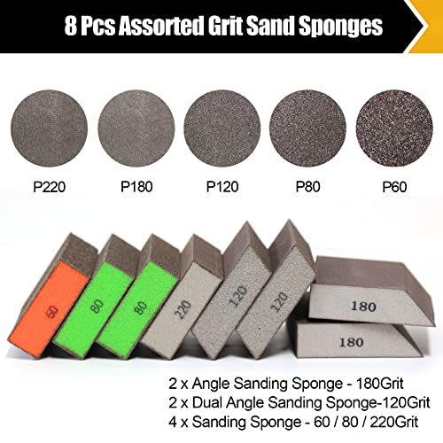 BOSHCRAFT 8 Pcs Sanding Sponge Set, 80/120/180/220 Grit 2 Pcs Each, Washable & Reusable Sanding Block for Wood Drywall Metal, Single & Dual Angle, 2-3/4" x 5" - size: 8 Pack