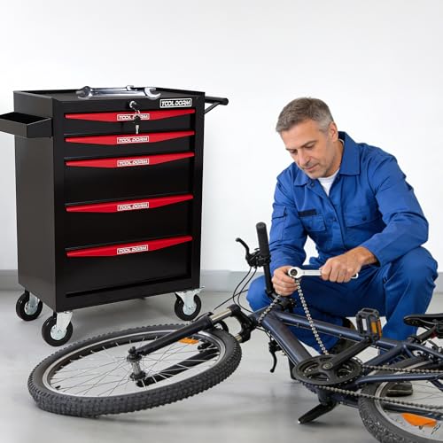 Rolling Tool Chest with Wheels, 5-Drawer Small Tool Cabinet, Metal Rolling Tool Box with Wheels and Locking System for Garage Warehouse Workshop Office Organizers and Storage (Black) - color: Black and Red-5