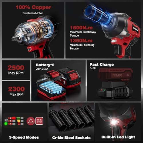 ARCCAPTAIN Cordless Impact Wrench, 1500N.m (1106Ft-lbs) 1/2" Impact Gun - size: 1500 N.m