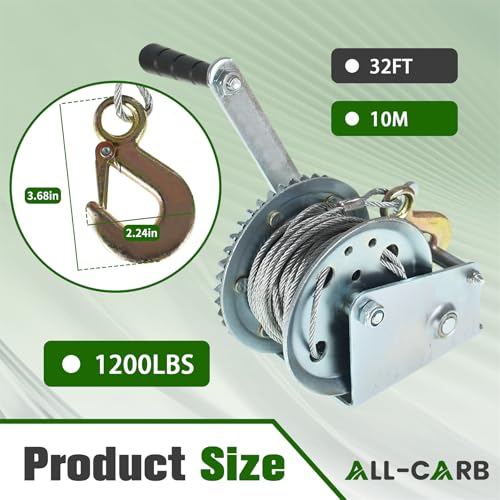 ALL-CARB 1200lbs Heavy Duty Hand Winch Boat Winch with 10m 32ft Steel Cable for Boat Trailer