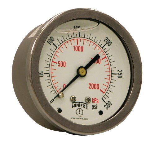 Winters 2-1/2" Dial Size, Liquid Filled Industrial Pressure Gauge, Brass Internals, 304 Stainless Steel Case, Dual Scale 0-300 psi/kPa, 1.5% Acc, 1/4" NPT Back Mount, Glycerin Filled Pressure Gauge - style: 0/300 PSI/kPa