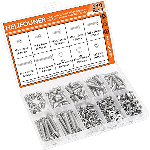HELIFOUNER 210 Pieces M5 x 6mm /8mm /12mm /16mm /20mm /25mm /30mm, Phillips Pan Head Machine Screws, Metric Screws Bolts Washers Nuts Kit, 304 Stainless Steel - size: M5, style: Phillips Pan Head Machine Screws