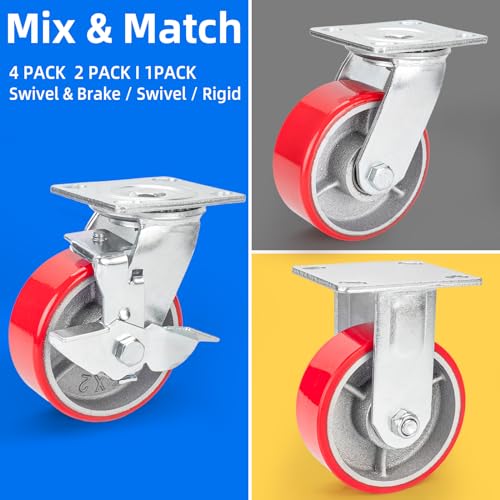 Nefish 5 Inch Industrial Grade Casters Wheels, 2 Pack Heavy Duty Swivel Casters, No Noise Polyurethane Wheel on Steel Hub, 1000 Lbs Load Capacity Per Swivel Casters for Machine, Equipment - size: 5 IN (Swivel)
