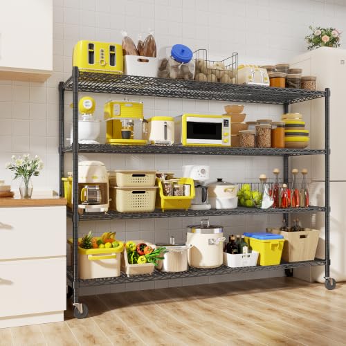 Storage Shelves with Wheels, 60" L x 24" W x 72" H Heavy Duty Garage Wire Shelving Unit Loads 3200LBS, 4-Tier Adjustable Metal Industrial Utility Shelf Rack for Kitchen, Laundry Room, Basement - color: Black, size: 60" L x 24" W x 76" H with wheels