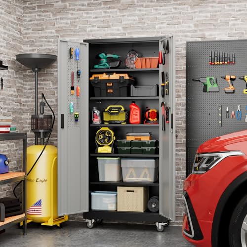Aobabo Upgraded Garage Storage Cabinets with Wheels,Metal Storage Cabinets with 5 Adjustable Shelves for Garage Home Office Storage, Black&Dark Grey,71''H*32''W*16''D,Assembly Required - color: Black Drak Gray, size: 16"D x 32"W x 71"H