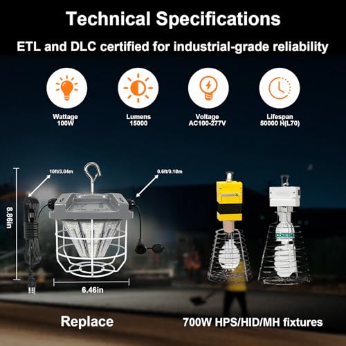 LED Temporary Work Light 100W, 15000 Lumen Construction Light, 5000K Daylight White, IP65 Waterproof Dustproof, Portable Hanging Lighting for Jobsite Workshop High Bay and Damp Locations - size: Large