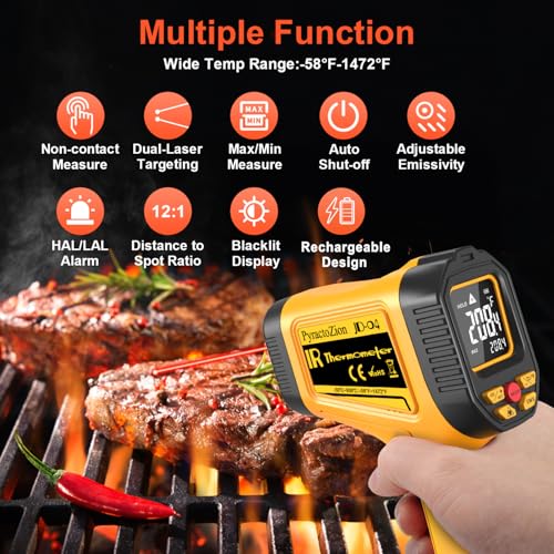 Rechargeable Infrared Thermometer Gun, -58°F~1472°F Non-Contact Temperature Gun, High Accuracy Digital Infrared Thermometer for Cooking, Griddle, Oven, Meat Food, HVAC, Automotive, Industrial Use - color: Orange
