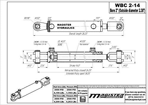 Double Acting Hydraulic Cylinder - AG Clevis Hydraulic Cylinder 2500 PSI tie-Rod Alternative 2" bore 14" Stroke (2x14) - size: 14" stroke