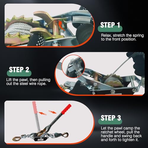 2T Come Along Winch, 4410lbs Pulling Capacity, 7ft Steel Cable - size: 2T-4410lbs-7FT-2Hook