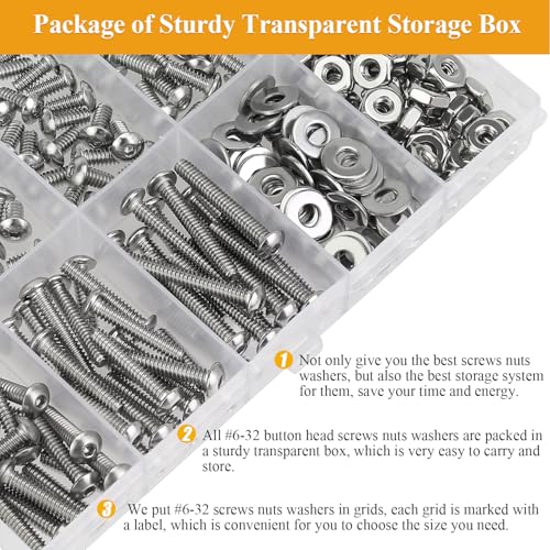 254 Pieces #6-32 x 3/16", 1/4", 5/16", 3/8", 1/2", 5/8", 3/4", 1", Button Head Socket Cap Screws Nuts Washers Assortment Kit - size: #6-32, style: Button Head Socket Cap