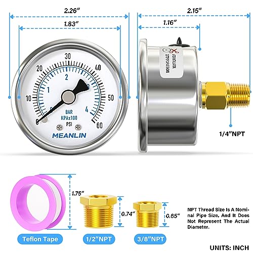 MEANLIN MEASURE 0~60Psi Dry Pressure Gauge Stainless Steel 1/4"NPT 2"FACE DIAL Waterproof for Pool Filter Pump Water Air Compressor Tire Pressure Tester Back Mount with 1/2"NPT and 3/8"NPT Hex Bushing - size: 0-60Psi