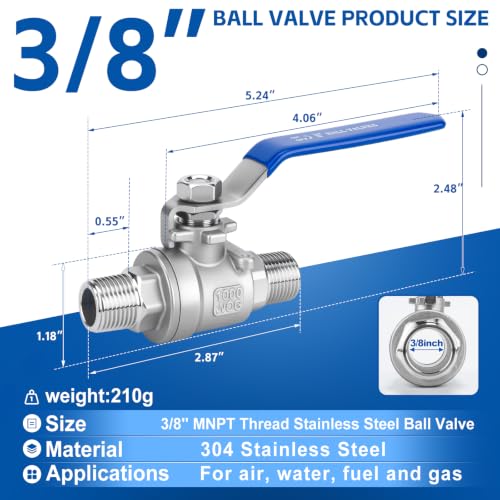 3/8 Inch NPT Ball Valve 2 Pack, Male Full Port Shut Off Valve - size: 3/8 Inch
