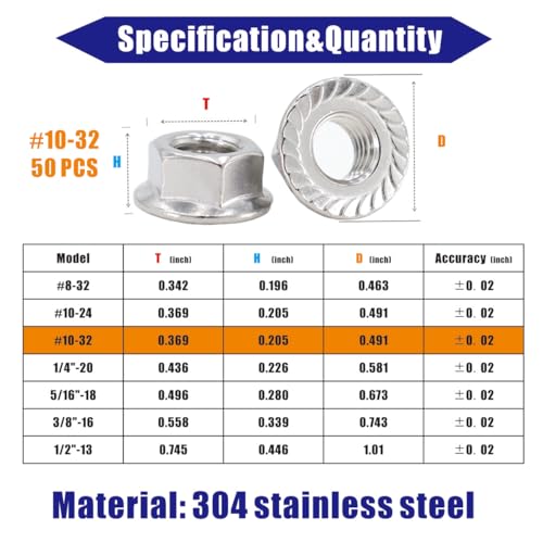 #10-32 Flange Nut,50 Pcs,304 Stainless Steel Hex Serrated Flange Lock Nut - size: #10-32 (50 pcs)