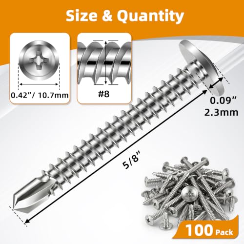 Mellewell #8 x 5/8" Wafer Head Self Drilling Screws Wood Screws, Truss Head Fast Self Tapping Sheet Metal Screws, 410 Stainless Steel, 100 PCS - color: Silver, size: #8 x 5/8"