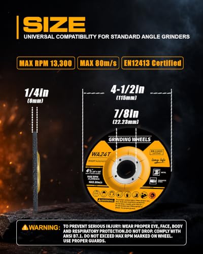4‑1/2 Inch Grinding Discs, 1/4" Thick Grinding Wheels, 7/8" Arbor