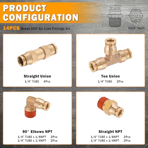 14 Pcs 1/4" Brass DOT Air Line Fittings Kit 1/8" 1/4" DOT Push Lock Air Fittings NPT Thread & Quick Connect Air Hose Fittings Kit - color: Gold-14PCS1/4"